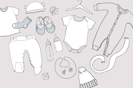Hand drawn Baby clothes Flat lay coordination on white. Children collage. Top view. Template for blogger, social mediaのイラスト素材