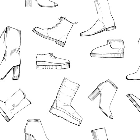 illustration of Women seamless Hand drawn pattern with winter shoes. Fashion elegand footwear for female. Comfort for legs.のイラスト素材