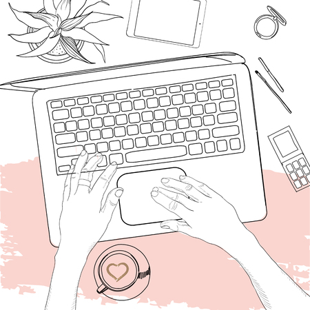 Vector illustration of Hand drawn, doodle flat lay coordination with hands. Feminine workspace collage. Women trendy fashion. Top views. Template for blogger, social mediaのイラスト素材