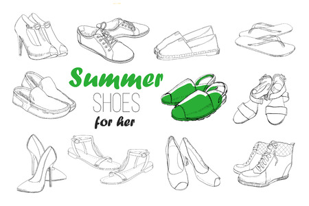 illustration of Set hand drawn graphic Men and women Footwear, shoes. Shoe for casual, sport and classical style, gumshoes, boots for all seasons. Doodle, drawing of isolated object.のイラスト素材