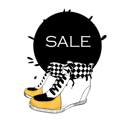 shopping sale flyer template with shjoes. Sale Promotion luxury banner, price tag, discount sticker, badge, poster for shoe store, shop.のイラスト素材