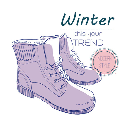 boots shoes for winter. Poster Retro style. Design flyer with vintage hand-drawn illustrations.のイラスト素材