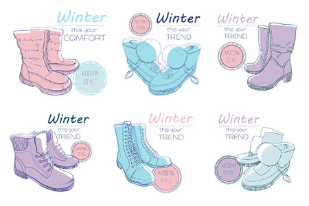 illustration set of sketch boots, shoes for winter. Poster Retro style for cold season. Hand drawn elements with vintage style, sketch. Footwear for woman, lady, man and kids. Doodle styleのイラスト素材