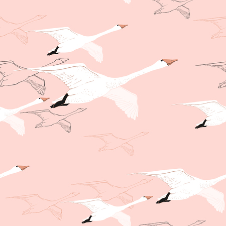Vector illustration of Seamless pattern of drawing Flying Swans. Hand drawn, doodle graphic design with birds. Wrapping paper, wallpaper, backdrop.のイラスト素材