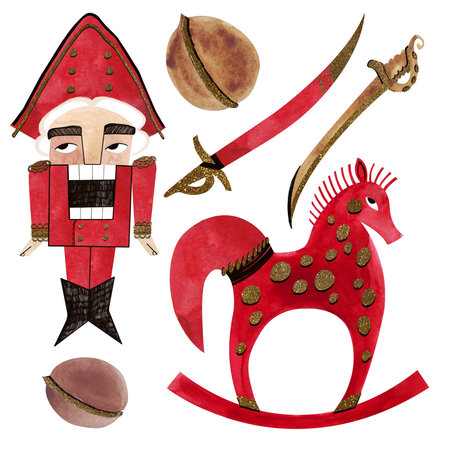 Set of watercolor children's toys. The Nutcracker fairytale. A Christmas present. isolated illustration. Clipart. Raster illustration for packaging, greeting cards and wrapping paper.の写真素材