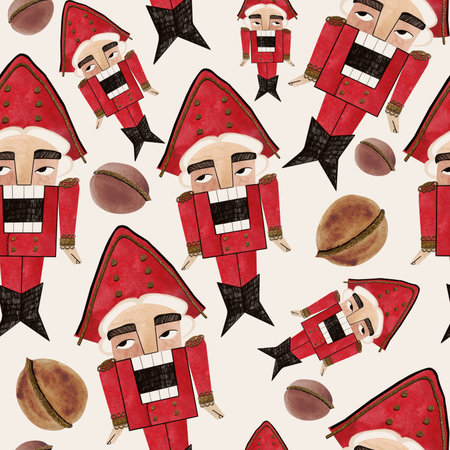 Watercolor seamless patern with nutcrackers. Christmas wrapping paper. Children's toy. A Christmas present. Raster illustration for packaging, greeting cards, gifts.の写真素材