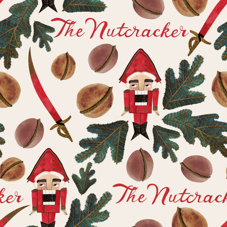 Watercolor seamless patern with nutcrackers. Christmas wrapping paper. Children's toy. A Christmas...