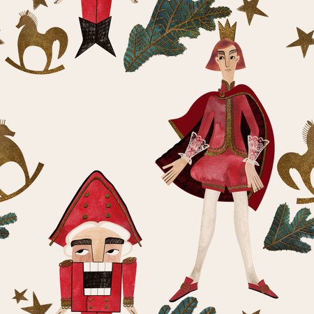 Watercolor seamless patern with nutcrackers. Christmas wrapping paper. Childrens toy. A Christmas gift. Raster illustration for packaging, greeting cards, gifts, posters in the childrens roomの写真素材