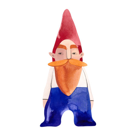 Watercolor gnome with ginger beard in green costume. Autumn. isolated illustration. Clipart. Raster illustration for packaging, greeting cards and wrapping paper, gifts, posters.の写真素材