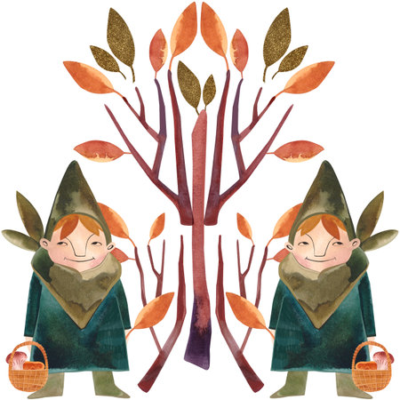 Watercolor composition with autumn gnomes. isolated illustration. Clipart. Raster illustration for packaging, greeting cards, postcards and invitations.の写真素材