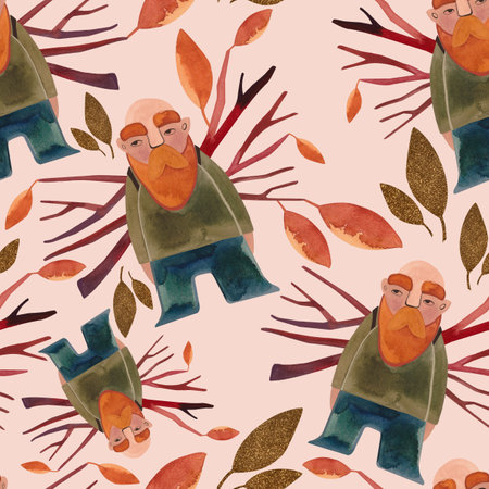 Watercolor seamless pattern with autumn gnomes. Seasonal wrapping paper. Raster illustration for packaging, greeting cards, gifts, posters in the children's roomの写真素材