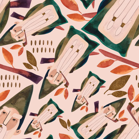 Watercolor seamless pattern with autumn gnomes. Seasonal wrapping paper. fall. Raster illustration for packaging, wallapers, wrapping paper, textile.の写真素材