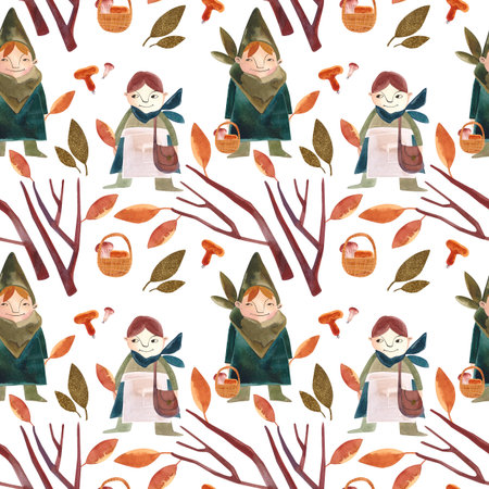 Watercolor seamless pattern with autumn gnomes. Seasonal wrapping paper. fall. Raster illustration...