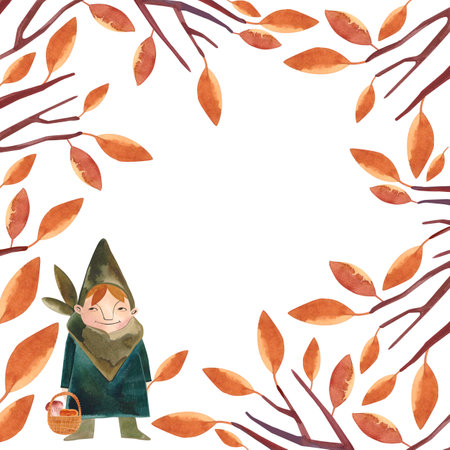 Watercolor frame with autumn tree wuith orange leaves. Isolated clipart. Raster illustration for packaging, greeting cards, giftsの写真素材