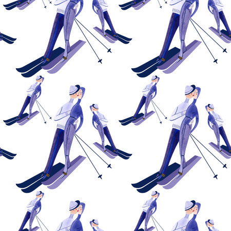 Watercolor seamless patern with skiers.の写真素材