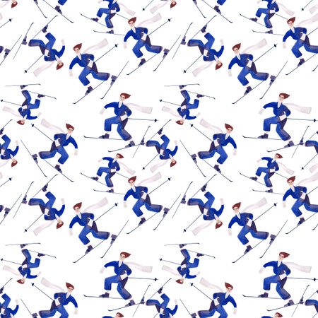 Watercolor seamless patern with skiers.の写真素材