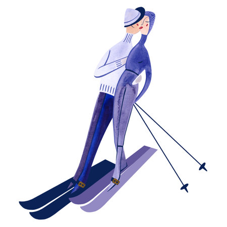 Watercolor skier in blue sweater. Winter isolated illustration. sport. Clipart. Raster illustration for resort andの写真素材