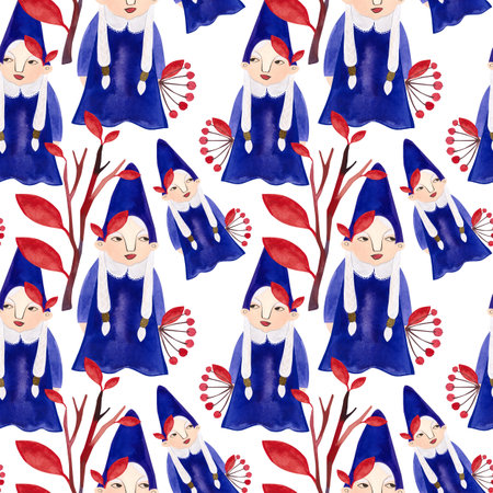 Watercolor seamless pattern with autumn gnomes. Seasonal wrapping paper. Raster illustration for packaging, home textile, decor and wallapers.の写真素材