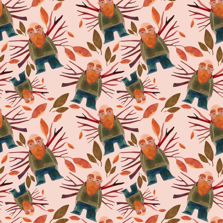 Watercolor seamless pattern with autumn gnomes. Seasonal wrapping paper. Raster illustration for packaging, greeting cards, gifts, posters in the children's roomの写真素材