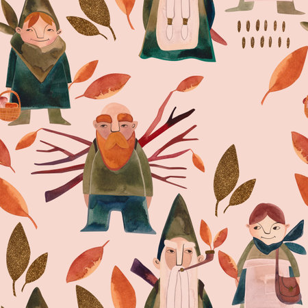 Watercolor seamless pattern with autumn gnomes. Seasonal wrapping paper. Raster illustration for packaging, greeting cards, gifts, posters in the children's roomの写真素材