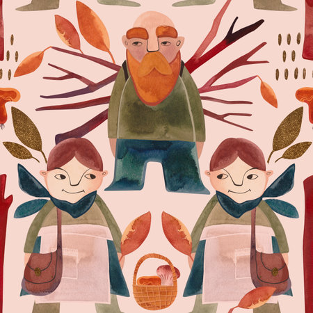Watercolor seamless pattern with autumn gnomes. Seasonal wrapping paper. Raster illustration for packaging, greeting cards, gifts, posters in the children's roomの写真素材