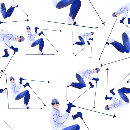 Watercolor seamless patern with skiers.の写真素材