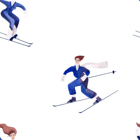 Watercolor seamless pattern with skiers. winter textile. sport suit. Wrapping paper for ski resort souvenirs. white backgroundの写真素材