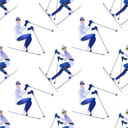 Watercolor seamless pattern with skiers. winter textile. sport suit. Wrapping paper for ski resort souvenirs. white backgroundの写真素材