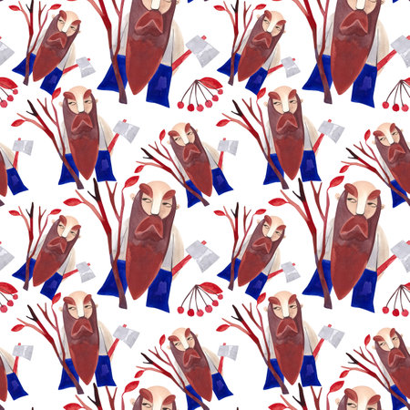 Watercolor seamless pattern with autumn gnomes. Seasonal wrapping paper. Raster illustration for packaging, home textile, decor and wallapers.の写真素材