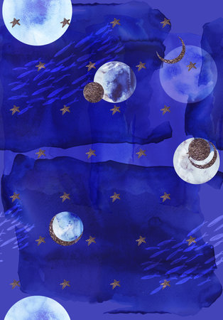 Watercolor seamless pattern with astronauts and planets. space wrapping paper. Children's toy. Raster illustration for packaging, greeting cards, gifts, posters in the children's roomの写真素材