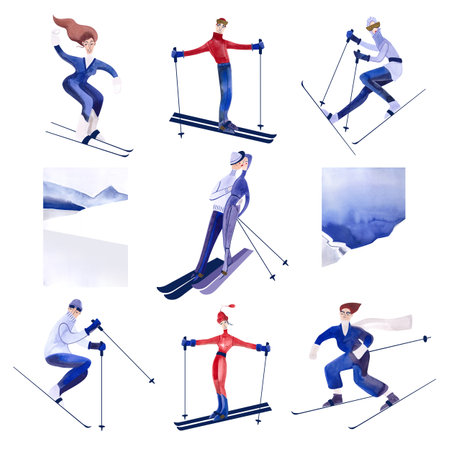 A set of skiers in different poses in blue and red suits, hats and sweaters. Holidays at the ski resort. Blue mountain landscape. Isolated watercolor illustration on white background. Clipart. retro style.の写真素材