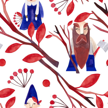 autumn gnomes. Watercolor seamless pattern for fabrics, home textiles, clothes and wrapping paper. Fairytale vintage style. white background.の写真素材