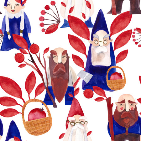 autumn gnomes. Watercolor seamless pattern for fabrics, home textiles, clothes and wrapping paper. Fairytale vintage style. white background.の写真素材