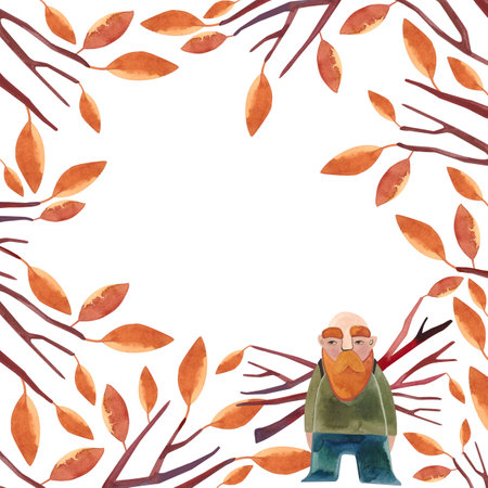 Watercolor frame with autumn tree wuith orange leaves. Isolated clipart. Raster illustration for packaging, greeting cards, giftsの写真素材