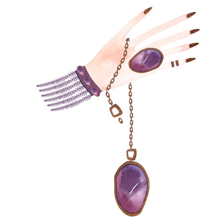 Lithomancy: the feminine hand of a witch reads fortunes on a pendant. Watercolor illustration with pink and lilac streaks and gradients and gold leaf. Isolated image for a mystical and esoteric store.の写真素材
