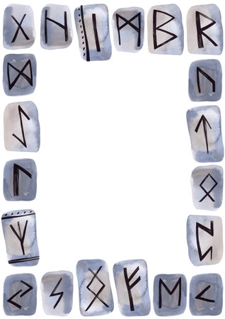 Frame A3 from Scandinavian runes carved on stone. Divination set. Group of watercolor elements on a white background. Clipart. Raster illustration for the design of certificates and paper advertisingの写真素材
