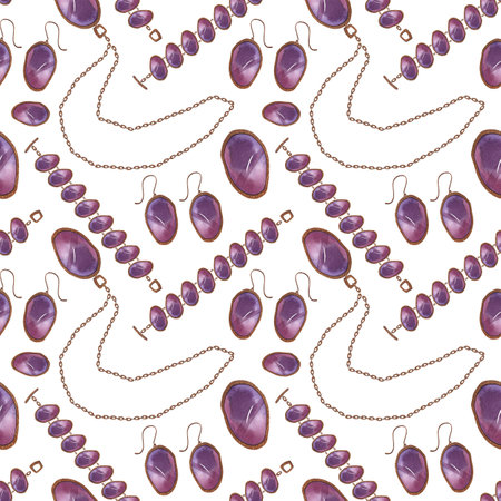 Women's jewelry with precious stones and chains: earrings, pendants, necklaces, bracelets. Watercolor illustration for fabric, wallpaper and wrapping paperの写真素材