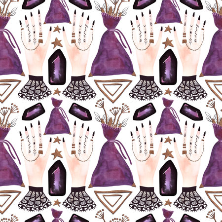 Lithomancy, the ritual of divination with crystals. Witch seamless pattern with female hands. Watercolor illustration for fabric, wallpaper and wrapping paper.の写真素材