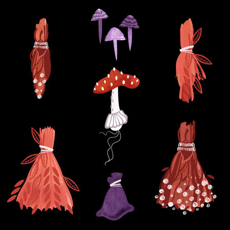 A set of items for witchcraft rituals: red, yellowed, withered dried flowers and herbs, bunches of herbs, brooms of flowers and leaves, a purple bag, purple toadstools, fly agaric. Halloween decor. Watercolor isolated hand drawn illustration on black background.の写真素材