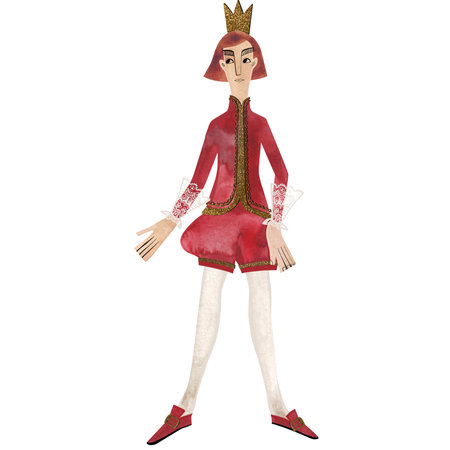 Watercolor prince in red costumes. Boy. Isolated illustration. Clipart. Raster illustration for packaging, greeting cards and wrapping paper, gifts, posters in the children's room.の写真素材