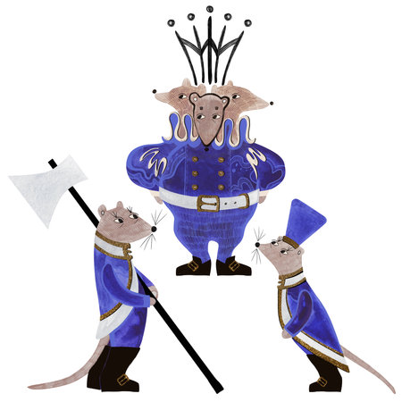 Set of watercolor rats. The Nutcracker fairytale. Isolated illustration. Clipart. Raster illustration for packaging, greeting cards and wrapping paper, gifts, posters in the children's room.の写真素材