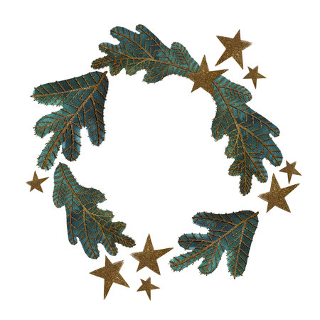 Watercolor christmas wreath with decorated christmas tree and stars. Christmas card. A Christmas gift. Raster illustration for packaging, greeting cards, giftsの写真素材