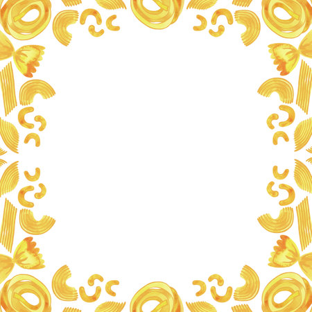 A square frame of different types of Italian pasta for designing menus, certificates and booklets, and advertising cafes. Isolated watercolor illustration. Clipartの写真素材