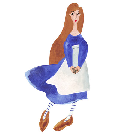 Watercolor girl in blue dress. Isolated illustration. Clipart. Raster illustration for packaging, greeting cards and wrapping paper, gifts, posters in the children's room.の写真素材