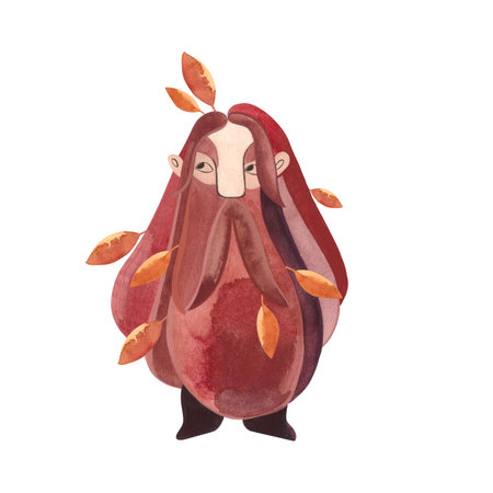 An old gnome with orange autumn leaves tangled in his brown beard. Clipart. Isolated watercolor hand drawn illustration on white background. Fairy tale characterの写真素材