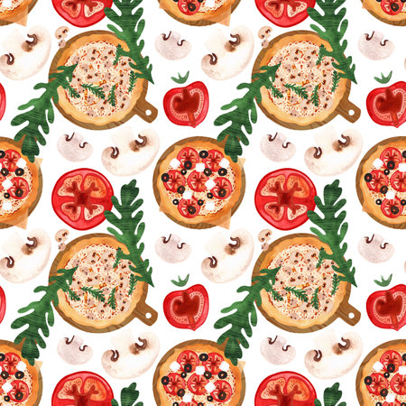 Seamless pizza pattern with mushrooms, tomatoes, olives and arugula. Watercolor illustration for menus, recipes, kitchen textiles, design of cafes, restaurants and pizzerias, as well as pizza boxes and packagingの写真素材