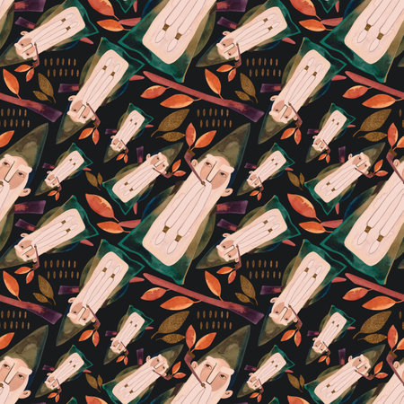 Watercolor seamless pattern with autumn gnomes. Seasonal wrapping paper. Fall. Raster illustration for packaging, wallsapers, wrapping paper, textile. Black background.の写真素材
