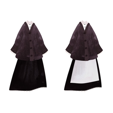 Set of old-fashioned women's clothing. White vintage blouse, black skirt and apron, cardigan. Isolated watercolor illustration on white backgroundの写真素材