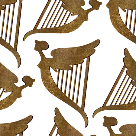Golden Celtic harp with a female silhouette. Seamless pattern with symbols of Ireland. Wrapping paper for St. Patricks Day. Watercolor in vintage style on a white background.の写真素材