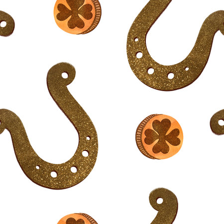 Seamless pattern with symbols of Ireland. Wrapping paper for St. Patrick's Day. Watercolor in vintage style on a white backgroundの写真素材